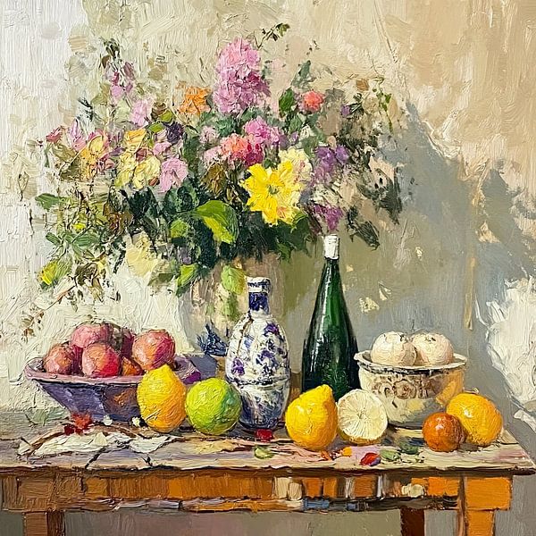 Sommer auf dem Tisch mit Blumen, Obst und Keramik von Vlindertuin-Art