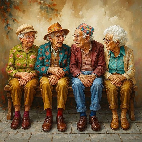 Four elderly people sitting on a bench chatting by gm_designs