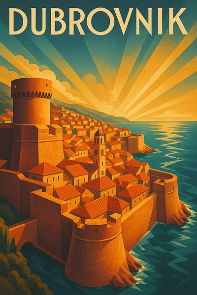Dubrovnik Coastal Fortress Art Deco Poster by Travel Shop