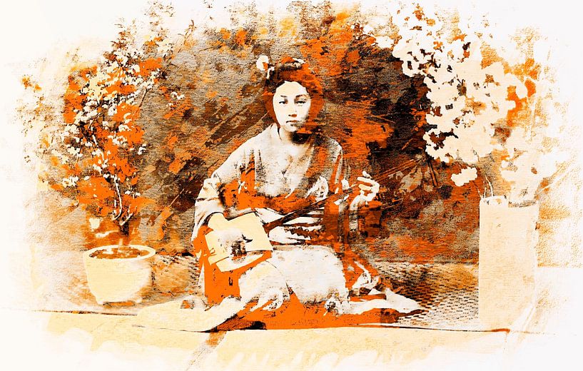 Geisha Spirit aux couleurs chaudes style rétro Japandi par Mad Dog Art