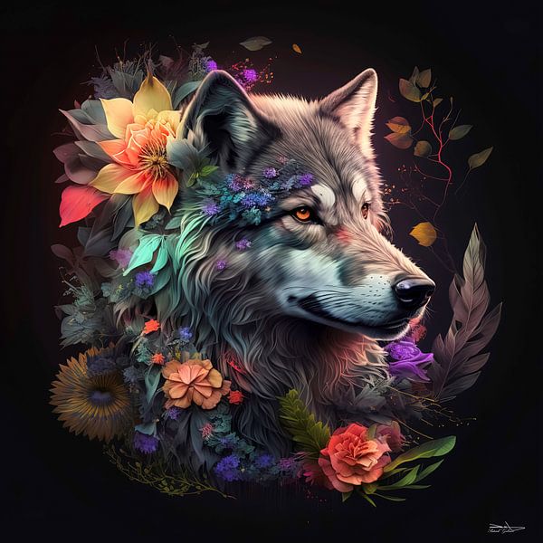 loup avec des fleurs par Gelissen Artworks