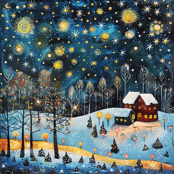 Winter landscape under the stars painting by Vlindertuin-Art