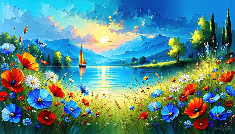 Sailboat in the light of the blue hour - a silent journey across flower meadows, sailing tracks and the deep blue of the mountains by AidasignArt