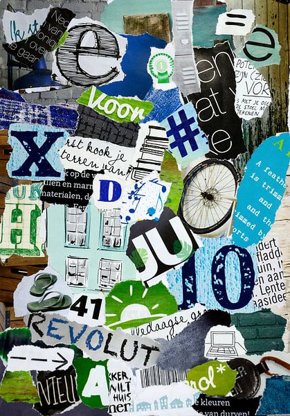 green blue vintage collage made of waste paper by Trinet Uzun