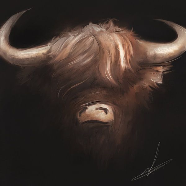 Scottish highlander head on black background - digital artwork by Emiel de Lange
