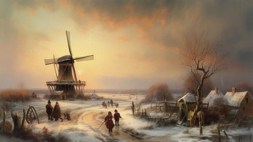 Dutch winter landscape painting with windmill by Preet Lambon