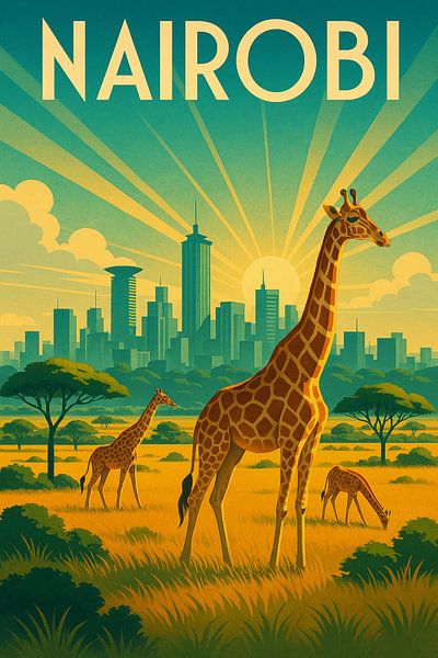Nairobi Art Deco Poster - Giraffen und Skyline bei Sonnenaufgang von Travel Shop