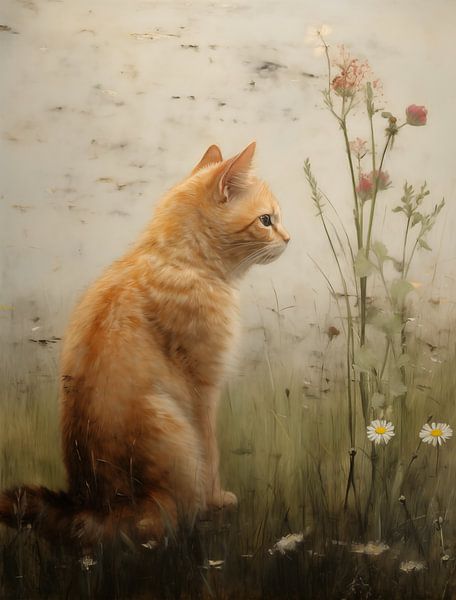 Rote Katze auf stiller Wiese von Emil Husstege