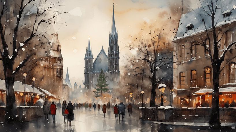 Watercolour shopping at the Christmas market with lights and bokeh painting in the city Winter Art Design by Animaflora PicsStock