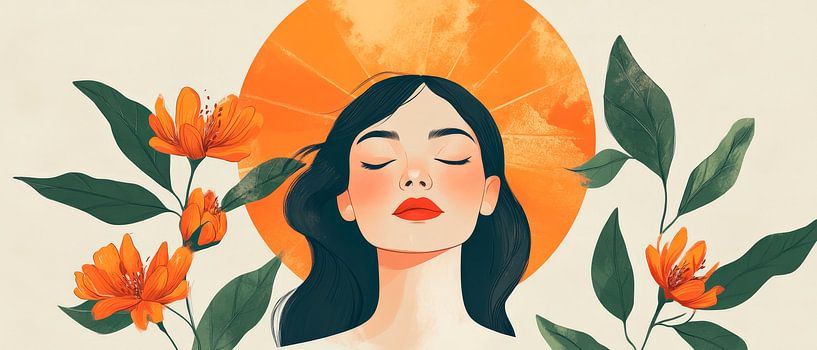 Woman with flowers and sun wreath - Illustrated by Poster Art Shop