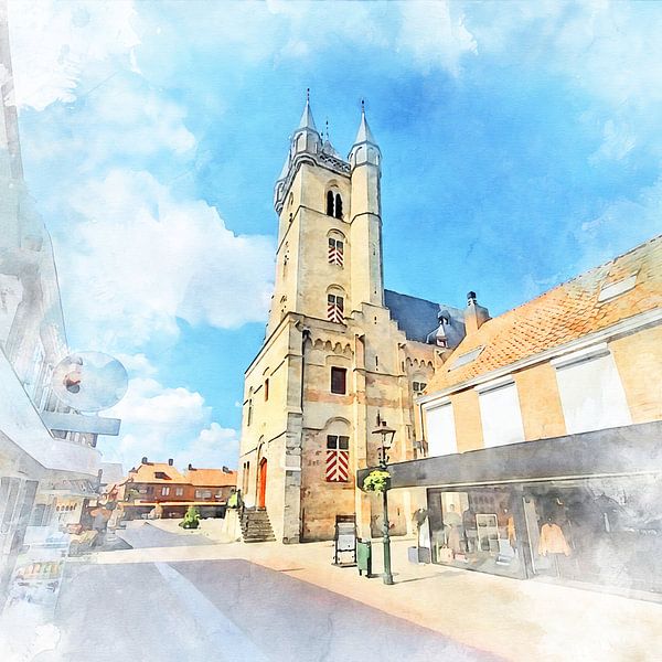 Aquarelldruck auf Leinwand des Belfrieds in Sluis, Zeeuws-Vlaanderen von Danny de Klerk