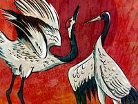 Japan cranes vintage at sunset