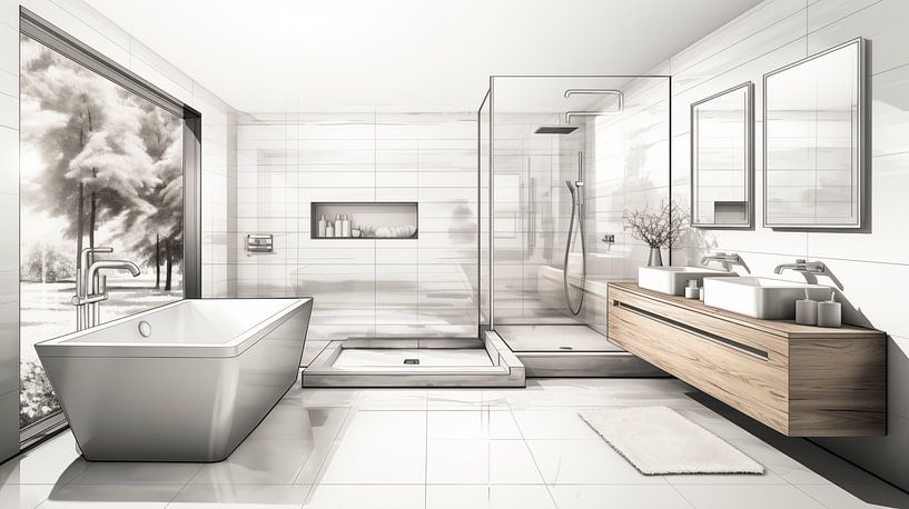 Plan a bathroom with a bath and shower drawing, a vintage-style bathroom pencil drawing. by Animaflora PicsStock