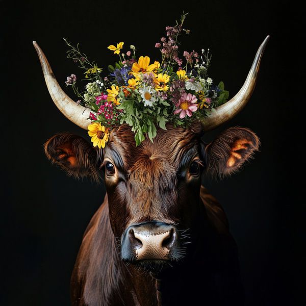 Braunes Rind mit prachtvollem Blumenkranz vor schwarzem Hintergr von MArt