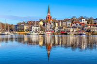 View of the historic harbour of Flensburg with some ships