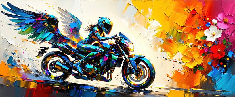 Biker and angel of the road - between wings of colour and the force of speed: an ode to freedom, courage and painterly ecstasy by AidasignArt
