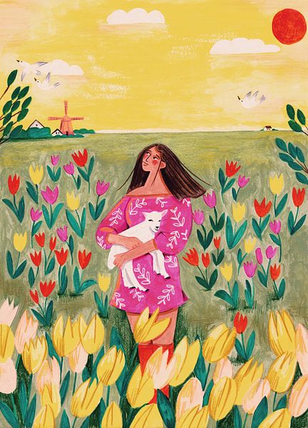 Femme dans un champ de tulipes au printemps par Caroline Bonne Müller