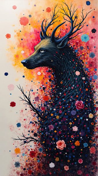 Loup majestueux avec ses bois embrassant l'harmonie florale dans une fantaisie onirique par Markus Gann