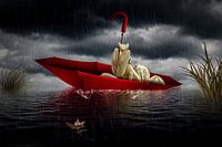 Mante religieuse orchidée naviguant dans un parapluie un jour de pluie