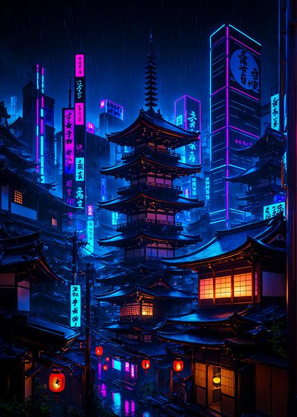 Kyoto Japan Pagoda Cyberpunk Anime by Ruzerin