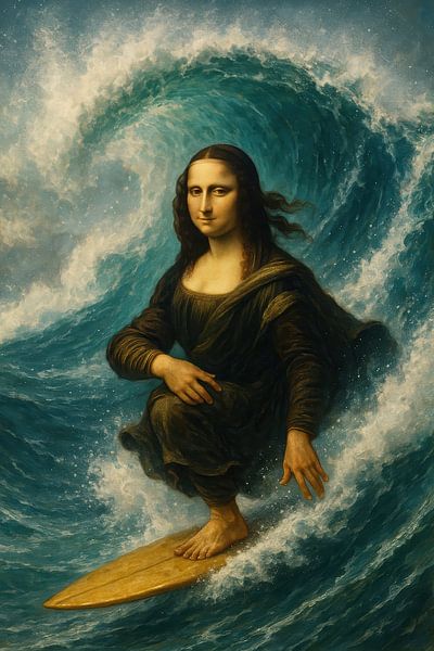 Mona Lisa on the surfboard in the wave by Poster Art Shop