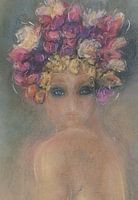 Femme avec des fleurs d'été sur la tête.