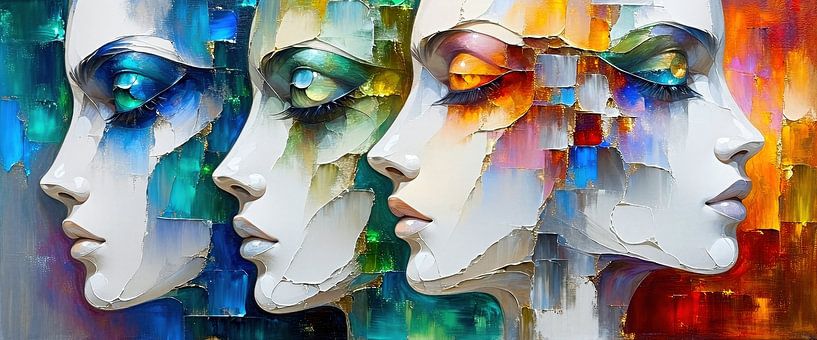 Fragments abstraits en géométrie - Une fusion complexe de têtes de femmes en forme et en couleur par AidasignArt