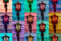 Pop art style cuckoo clocks