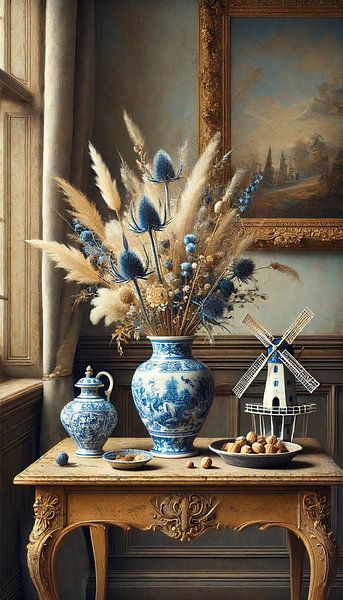 Delft Blue Vase with Mill and dried flowers on Classic Table - Dutch wall decoration by Kleurenrijk