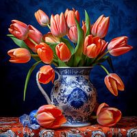 Rode tulpen in Delftsblauwe vaas