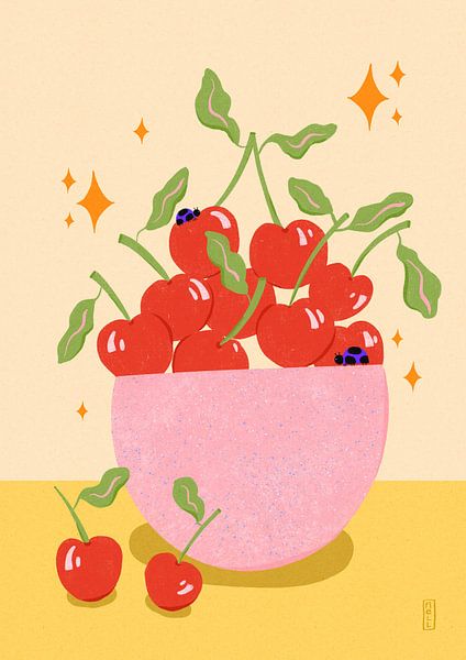 Cherry Bowl Retro Kitchen Illustration by Dirkie Nell