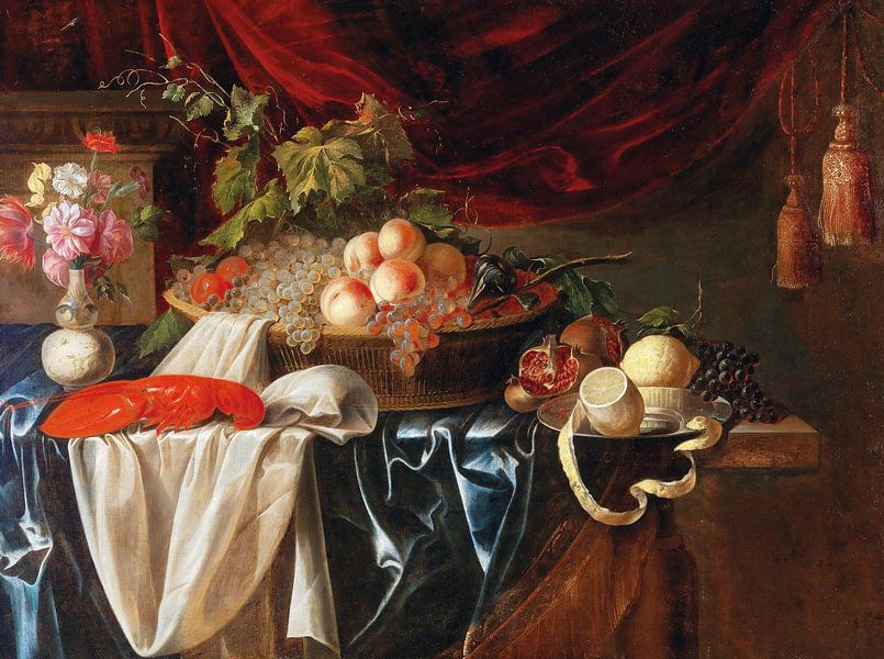 Ein Hummer, Obst und eine Vase voller Blumen, Andries Benedetti von Meisterhafte Meister