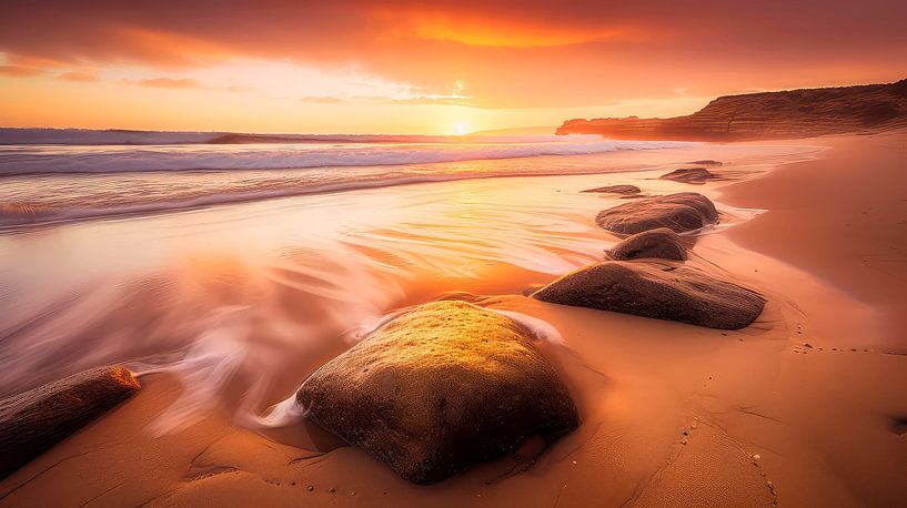 Rustgevend Strand met Ondergaande Zon van Maarten Knops