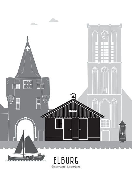 Illustration de la ligne d'horizon de la ville d'Elburg en couleur par Mevrouw Emmer