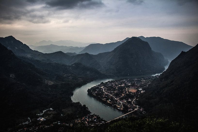 View of town from a mountain top at sunrise by Anne Zwagers