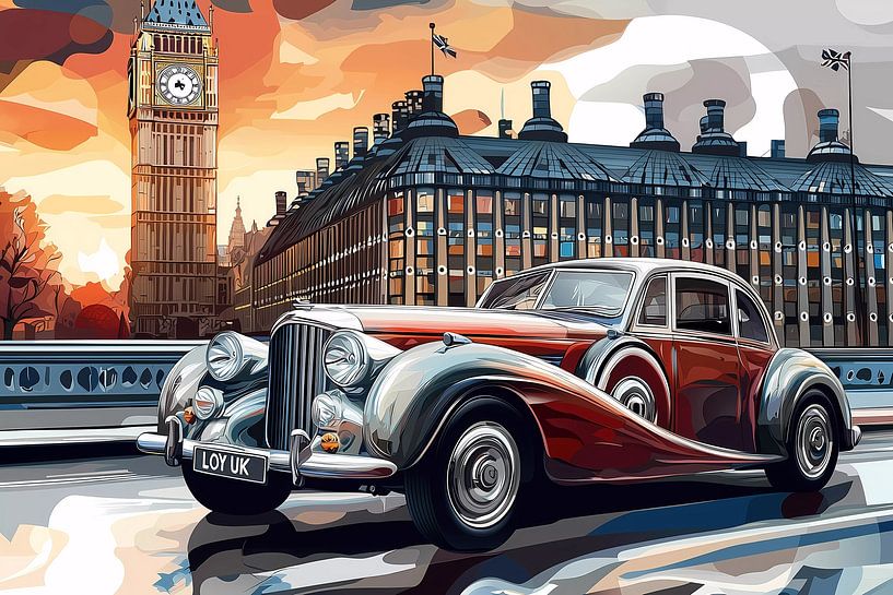 Ein Retro-Auto auf einer Stadtstraße mit Bäumen eines Boulevards. von Ariadna de Raadt-Goldberg