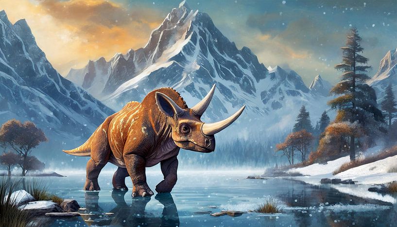 Triceratops-Dinosaurier geht alleine in den kalten See, Kunstdesign von Animaflora PicsStock