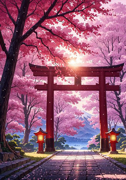 Torii Gate Cherry Blossom Sakura Mount Fuji Japan by Ruzerin