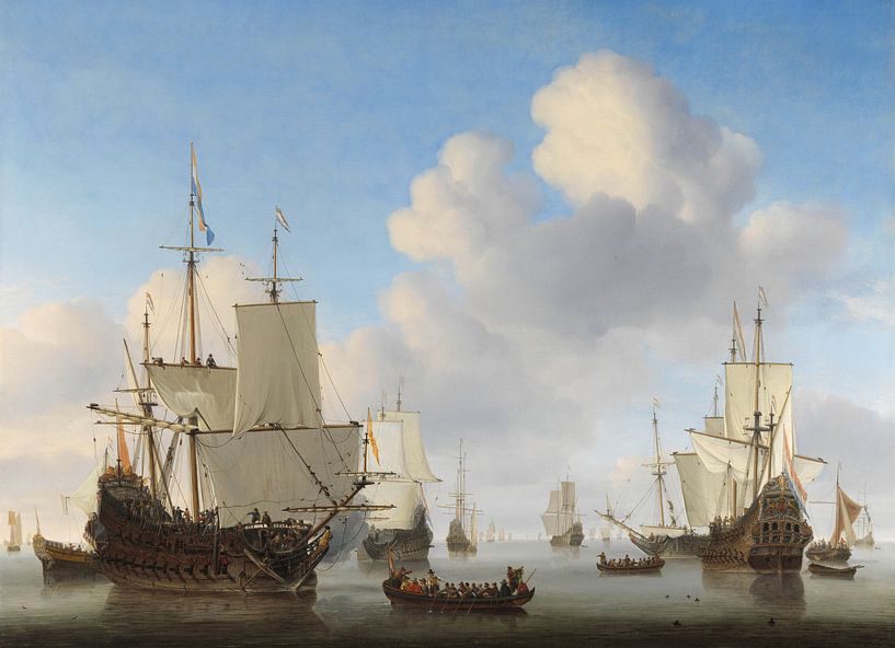 Peinture de mer : navires hollandais sur une mer calme, Willem van de Velde (II), vers 1665  par Schilderijen Nu