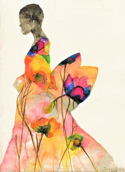 Portant ma robe d'été. Aquarelle peinte à la main. par Ineke de Rijk