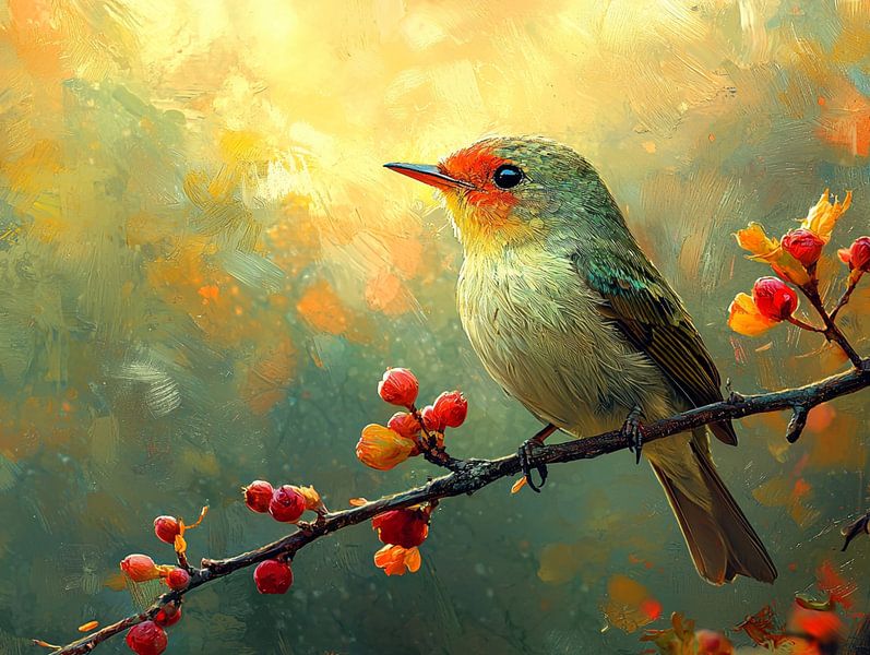 Bird on branch with red berries by Bianca Bakkenist
