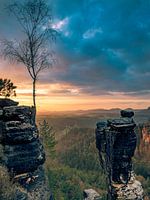 Vue sur les montagnes de l'Elbsandstein en Suisse saxonne au lever du soleil.