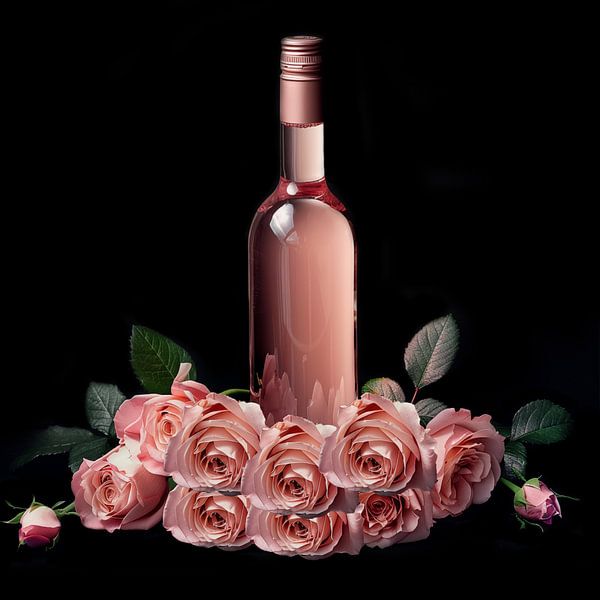 Bottle of rosé with pink roses by TheXclusive Art