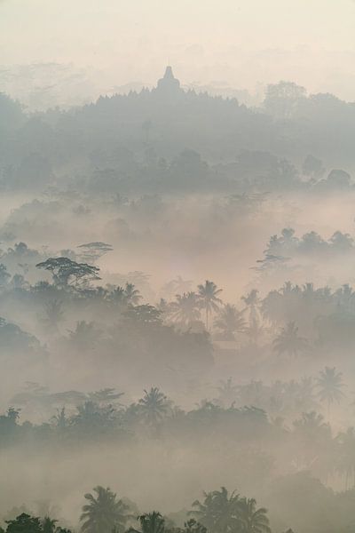 Borobudur in de ochtend mist (vertikaal) van Anges van der Logt