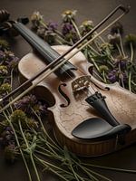 A beautiful vintage violin resting gently among delicate wild flowers, evoking