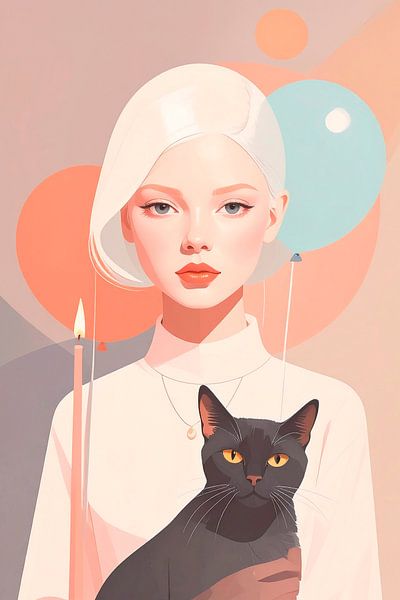 Moderne vrouw met haar kat... van Ans Bastiaanssen