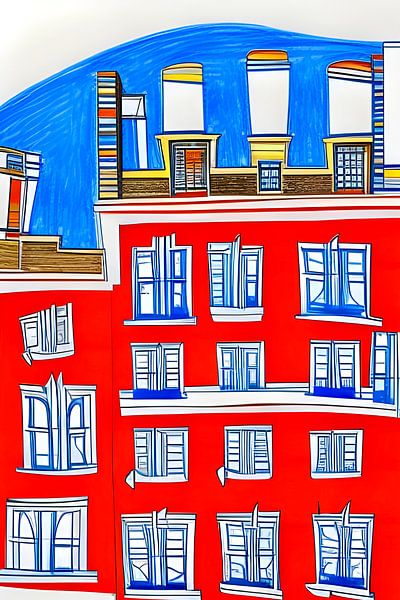 Bâtiment en rouge et bleu par Lily van Riemsdijk - Art Prints with Color