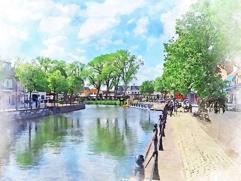 Aquarelle sur toile du Damsche Vaart à Sluis, Zeeuws-Vlaanderen par Danny de Klerk