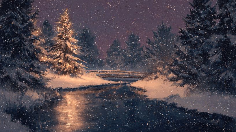 Weihnachtsbaum am Flussufer in der verzauberten Schneelandschaft von Eva Lee