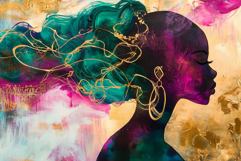 Colourful silhouette of a woman with curls by Poster Art Shop